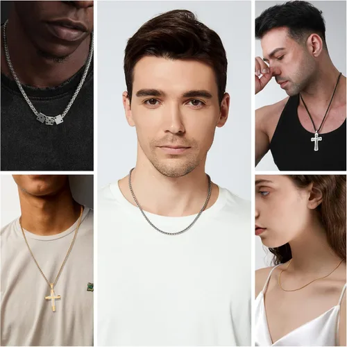 Miniatura 2 de Garysiom 3 collares de cadena para hombres, cadenas de trigo de acero inoxidable de 0.157in, oro negro y plata para hombres y niños, regalo