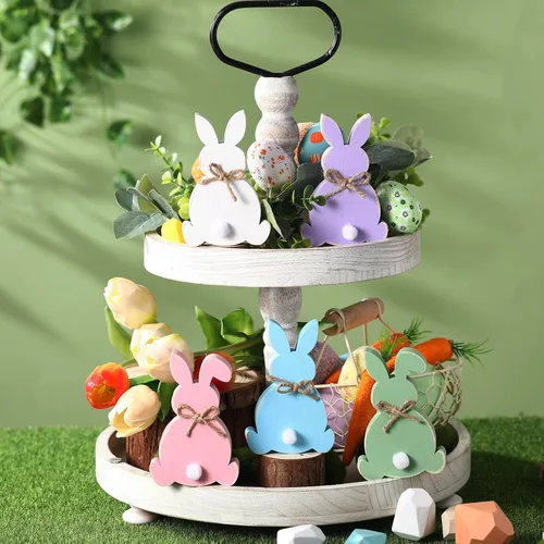 Miniatura 4 de Thinkday 6 piezas de decoraciones de Pascua de madera de conejo, decoración de mesa, letrero de mesa rústico de conejo con cuerda de yute y cola