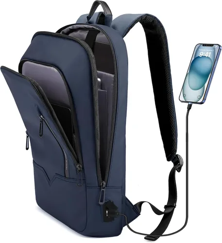 Miniatura 23 de Mochila hk para Hombre de Negocios, Mochila Delgada con Cargador USB, Mochila para Computadora, Ligera, Antirrobo, para Viaje, Negro, 15,6 pulg.