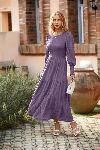 Miniatura 4 de PRETTYGARDEN Women 2024 Puff Long Sleeve Crewneck Smocked Maxi Dress Solid Empire Waist Tiered A-line Swing Flowy Long Dress