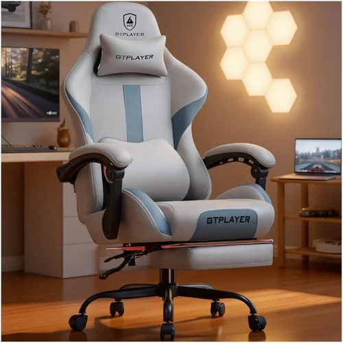 Miniatura 12 de GTPLAYER Silla de juegos con cojín de resorte de bolsillo, silla de oficina de cuero con respaldo alto ergonómico y soporte lumbar para aliviar