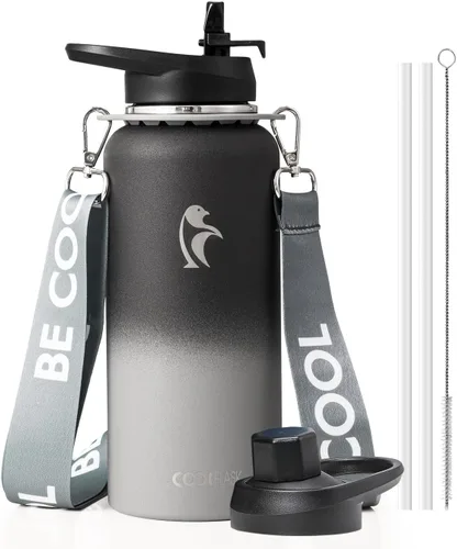 Miniatura 32 de Botella de agua Coolflask de 40 onzas con correa, botella de agua metálica aislada con popote y tapas con pico, acero inoxidable de doble pared al