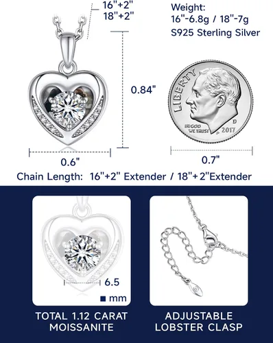Miniatura 44 de MomentWish Collar de corazón para mujer, moissanita, diamante de imitación, plata de ley 925