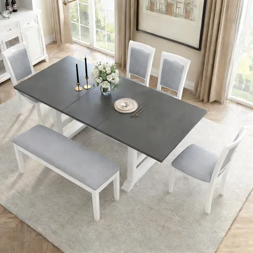 Miniatura 25 de JIVOIT Farmhouse 6 Piece Dining Table Set, Counter Height Table Set with 4 Chairs and a Bench, Rubber Wood Expandable Bar Table Set with Rivet Gris-3