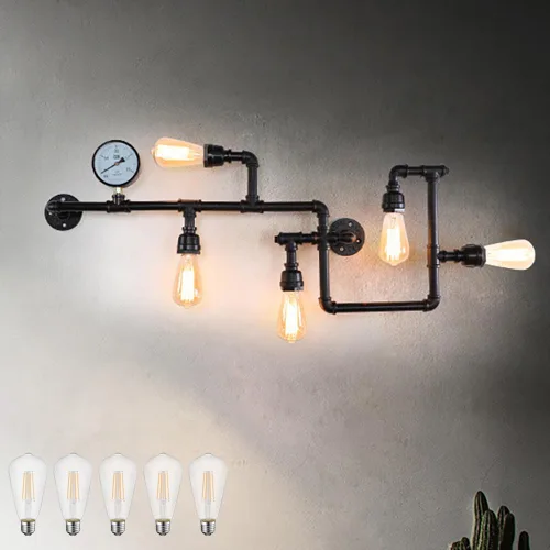 Aplique de pared de tubería de agua industrial, lámpara de montaje en pared punk de vapor, lámpara de pared fresca de 35.4 pulgadas para dormitorio,