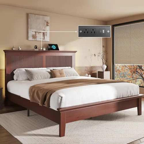 Miniatura 14 de Lifezone Cama Queen de madera, cama de madera maciza con cabecera alta, diseño vintage americano, cama Queen con estación de carga y LED RGB, Nogal