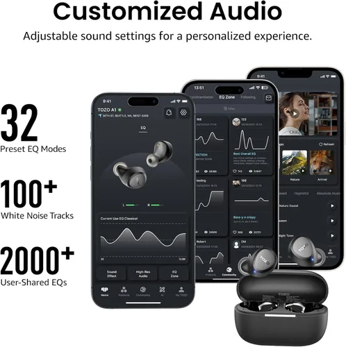 Miniatura 7 de TOZO Auriculares inalámbricos A1 Bluetooth 5.3 de peso ligero en el oído IPX5 Auriculares impermeables 2 micrófonos para llamadas AI, auriculares