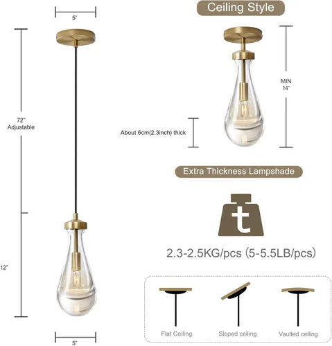 Miniatura 5 de Juego de luces colgantes Joyunleo en forma de gota de lluvia de 3 piezas, juego de 3 luces colgantes para isla de cocina, luces colgantes de vidrio