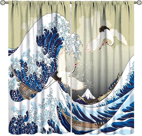 Miniatura 10 de Cortinas de estilo japonés, flor de cerezo, grúa de amanecer, estilo asiático, cortinas opacas para dormitorio, sala de estar, juego de 2 paneles
