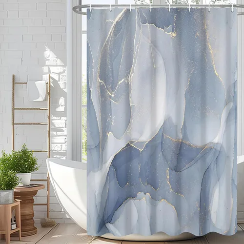 Miniatura 86 de Cortina de ducha abstracta de mármol negro gris y dorado con grietas, cortina de baño moderna ombre impresa, cortina impermeable y lavable de tela