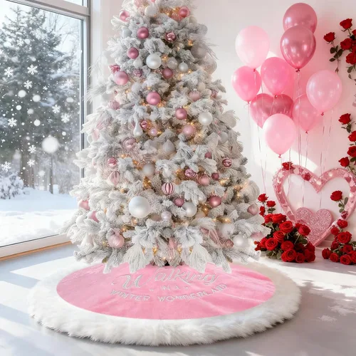 Miniatura 5 de yuboo - Falda de árbol de Navidad rosa de 48 pulgadas, gran alfombra de árbol de Navidad de piel sintética esponjosa con copos de nieve blancos