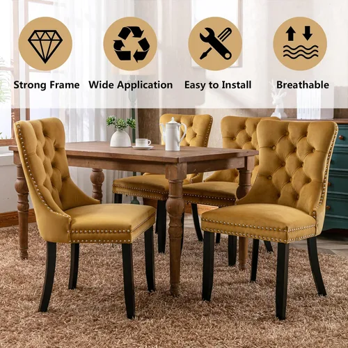 Miniatura 6 de Juego de 4 sillas de comedor de terciopelo, sillas de comedor tapizadas con ribete de cabeza de clavo, patas de madera, anillo de tracción, sillas