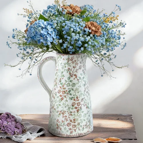 Enra Jarrón de pichet con asa, jarrón floral de cerámica vintage chinoiserie de 12.2 pulgadas, jarrón decorativo de flores verde y beige, jarrones
