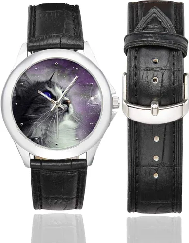 Miniatura 2 de InterestPrint Funny Cat - Reloj clásico de acero inoxidable con correa de cuero para mujer, color negro