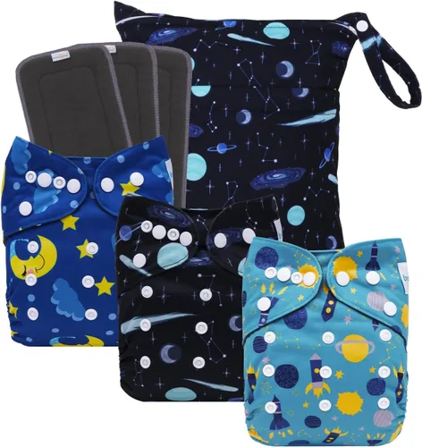 Miniatura 15 de babygoal AWJ Pañales de tela con panel abdominal, paquete de 13, 6 fundas de pañal con 6 insertos y bolsa seca para humedad, ajustables, lavables