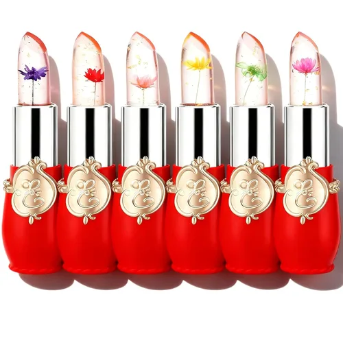 Miniatura 10 de Paquete de 6 lápices labiales de gelatina de flores de cristal, bálsamo labial nutritivo de larga duración, hidratante mágico que cambia