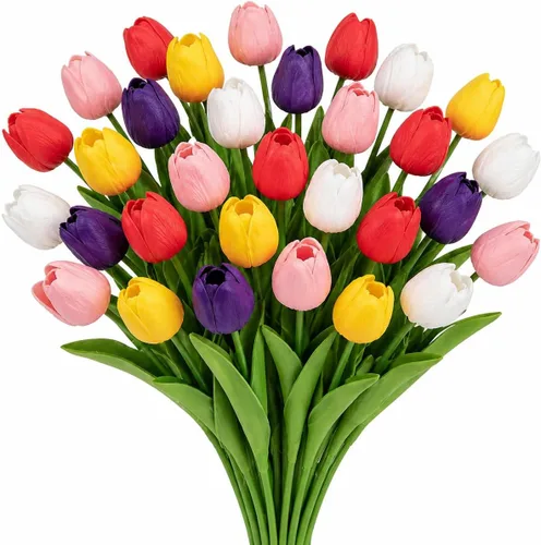 Miniatura 12 de MACTING - 30 flores artificiales de tulipán, tulipanes falsos de tacto real, flores artificiales de primavera, tulipanes de imitación para arreglos