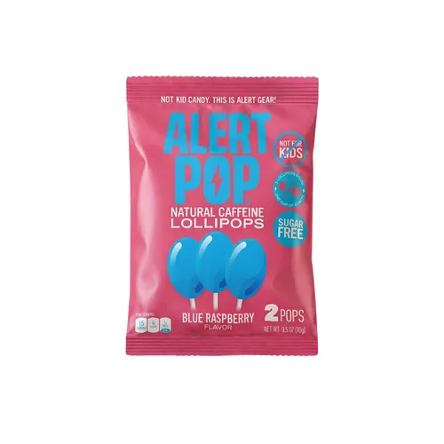Alertpop - Paletas de cafeína natural, caramelo sin azúcar de frambuesa azul con cafeína natural, sin derretimiento, sin derrames, para llevar, sin