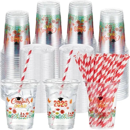 Miniatura 9 de Sliner 50 juegos de vasos de plástico a cuadros de 16 onzas con tapas y pajitas de papel, vasos desechables transparentes para fiesta de autos