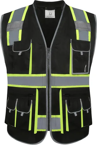 JKSafety Chaleco de Seguridad Negro de Alta Visibilidad con Cremallera Frontal de 10 Bolsillos | Cuello Acolchado | Cintas Altamente Reflectantes