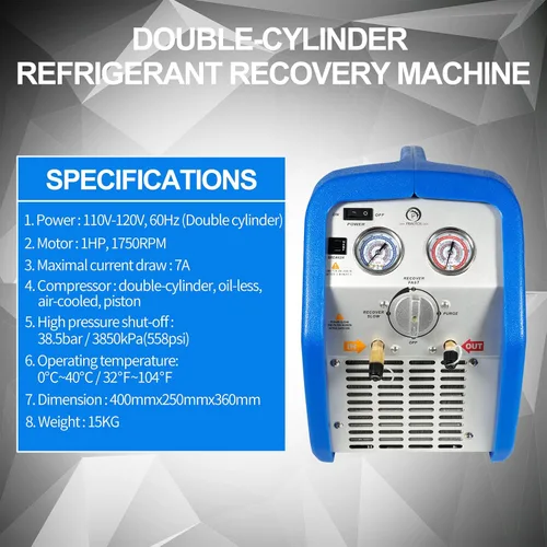 Miniatura 2 de Máquina de recuperación de refrigerante de doble cilindro 1HP, unidad de reciclaje de freón portátil sin aceite de 110V-120V 60Hz para refrigerante