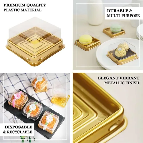 Miniatura 4 de Efavormart - Paquete de 50 recipientes de plástico para cupcakes de 3 pulgadas, color dorado y transparente, cajas cuadradas para fiestas, soporte