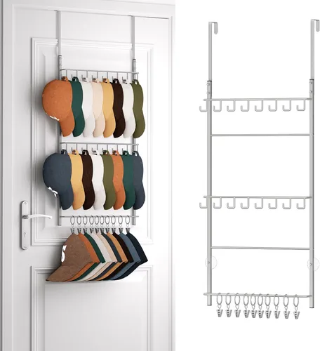 Miniatura 14 de HapiRm Perchero para Puerta - Organizador de Sombreros de 3 Niveles Montado en la Pared con 16 Ganchos y 10 Clips Móviles, Organizador de Sombreros