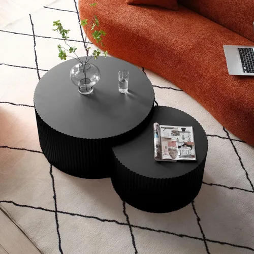 Miniatura 3 de Juego de 2 mesas de centro redondas negras de 55.12 pulgadas, mesa lateral moderna para sala de estar, diseño contemporáneo de círculo de madera