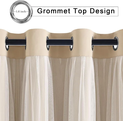 Miniatura 2 de Hiasan Cortinas opacas con superposición transparente, aislamiento térmico para mezclar y combinar de doble capa, cortinas de oscurecimiento de Beige