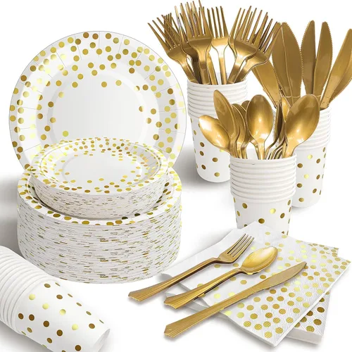 AIRE 175 piezas de suministros de fiesta blanco y dorado, juego de vajilla desechable resistente que sirve para 25, platos de papel, tenedores de