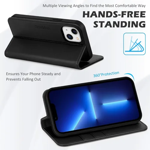 Miniatura 5 de SHIELDON Funda para iPhone 13, de piel auténtica, con función atril, bloqueo RFID, tarjetero de crédito, a prueba de golpes, protección completa