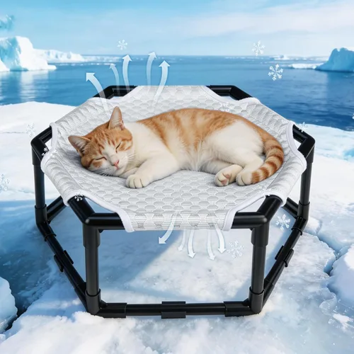 Miniatura 10 de Cama hamaca elevada para gatos, cuna hexagonal elevada para gatos con tela transpirable de gorro de hielo y bloque antideslizante, alfombrilla