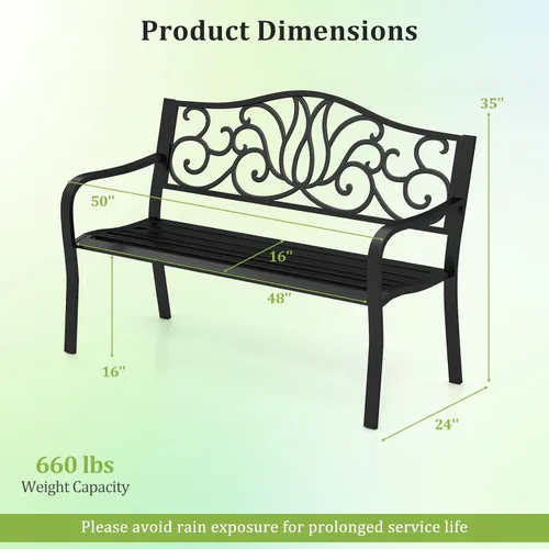 Miniatura 3 de Tangkula Banco de jardín de 50 pulgadas para exteriores, sofá biplaza de metal de hierro fundido con respaldo de diseño floral y asiento
