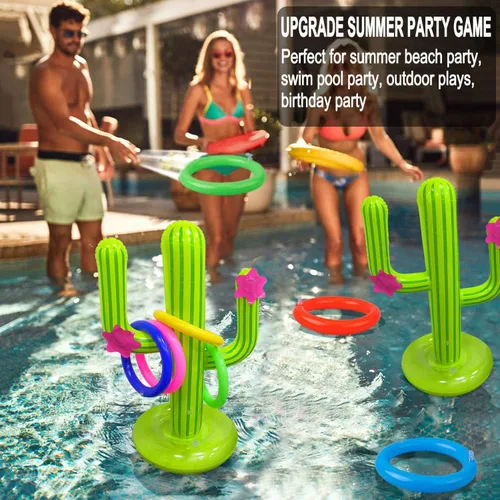 Miniatura 4 de Paquete de 3 juegos inflables de cactus, juego de lanzamiento de anillos de cactus, juguetes de piscina de cactus, flotante, natación, verano