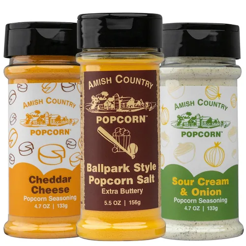 Miniatura 25 de Amish Country Popcorn Paquete variado de condimentos Queso cheddar – 5.1 oz y queso cheddar blanco – Condimento de palomitas de maíz de 3.8 onzas