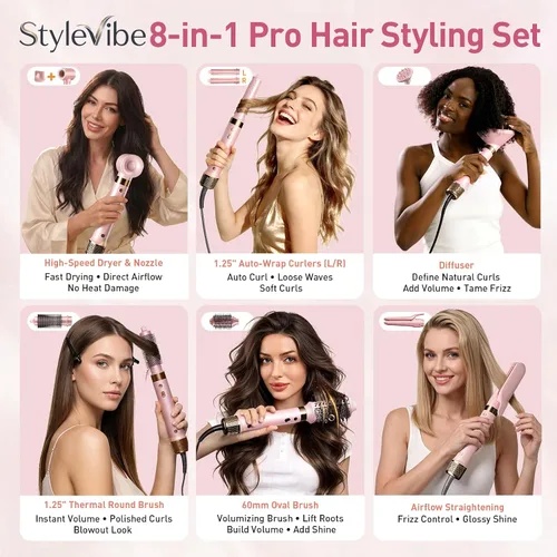 Miniatura 5 de Mythsight Dual Voltage StyleVibe 8-en-1 Secadora de pelo y cepillo secador de pelo con estuche de viaje - Rulos de envoltura automática (L/R)