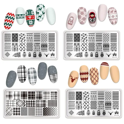Miniatura 4 de Born Pretty Juego de placas de estampado de uñas, flores a cuadros, hojas, encaje, placas de imagen de arte de uñas de primavera a invierno, kit