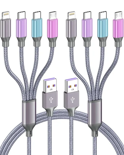 Miniatura 10 de Cable de carga múltiple de 4 pies, paquete de 2 cables de carga Doub Tyep-C 4 en 1, de nailon trenzado, cargador Lightning para iPhone, cable