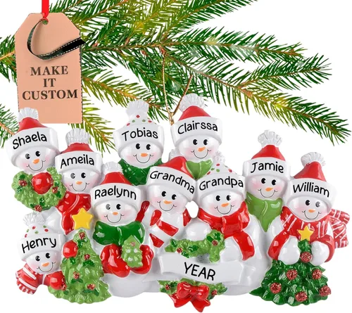 Adorno personalizado para familia de 10 personas 2025 | Personalización gratuita en 24 horas | Adornos navideños de muñeco de nieve grabados con