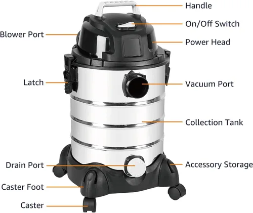 Miniatura 5 de Amazon Basics Aspiradora Húmeda/Seca, 4 galones, 3 HP, Acero Inoxidable, Gris/Negro