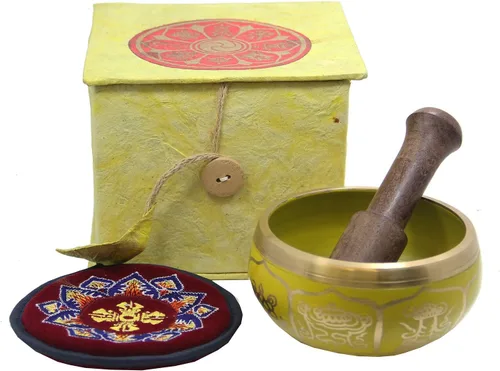 Miniatura 3 de Juego tibetano de 8 símbolos de la suerte para yoga, meditación, cuenco cantante, mazo, cojín, caja (amarillo)