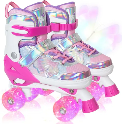 Miniatura 9 de Nattork Patines de Ruedas para Niñas y Niños, Patines Cuádruples de 4 Tamaños Ajustables con Diseño de Mariposa y Flor con Todas las Ruedas Púrpura