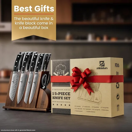 Miniatura 8 de Juego de cuchillos magnéticos de 15 piezas para cocina con bloque, juego de cuchillos de cocina hechos de acero inoxidable alemán de alto carbono