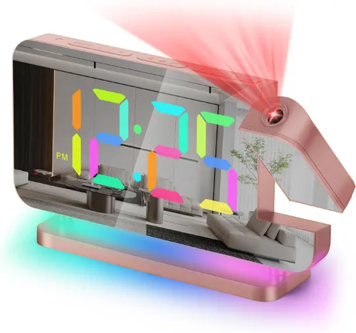 Miniatura 11 de Reloj despertador de proyección, relojes digitales LED RGB de 18.8 cm de pantalla grande, con proyector giratorio de 180°, luz nocturna, puerto