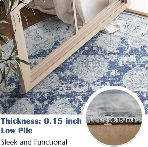 Miniatura 6 de Jinchan Fiora - Alfombra redonda de 8 pies, alfombras vintage con diseño floral envejecido, lavable a máquina, antideslizante, de pelo bajo, Azul
