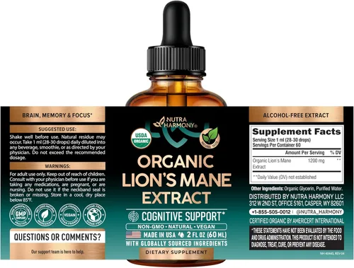 Miniatura 2 de Lions Mane Liquid – Suplemento orgánico de Lions Mane certificado por USDA – Apoyo cerebral, energía, memoria y enfoque – Extracto de hongo Lion's