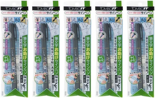 Miniatura 2 de Tombow Fudenosuke Fude - Juego de 5 bolígrafos suaves (GCD-112) con notas adhesivas originales, ideal para caligrafía, dibujos artísticos