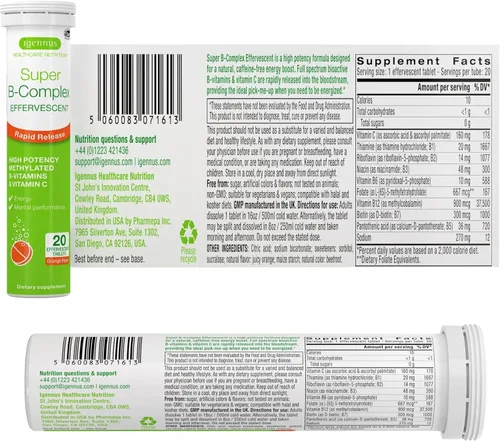 Miniatura 6 de Igennus Super B-Complex Suplemento efervescente líquido metilado de vitamina B, bebida energética de acción rápida, sin cafeína y azúcar, sabor a