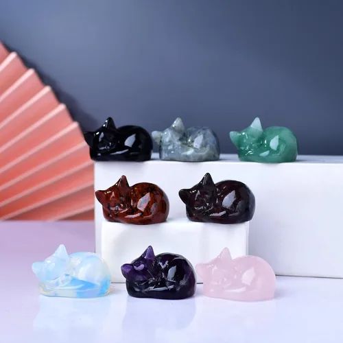 Miniatura 5 de Decoración de cristales de gato de granate natural, estatua de gato dormido, piedras preciosas pulidas de cristal curativo, piedras preciosas
