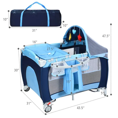 Miniatura 7 de HONEY JOY Empaca y juega con moisés, 4 en 1 portátil para bebé con cambiador, red y juguetes lindos, bolsa de almacenamiento de pañales, caja de Azul